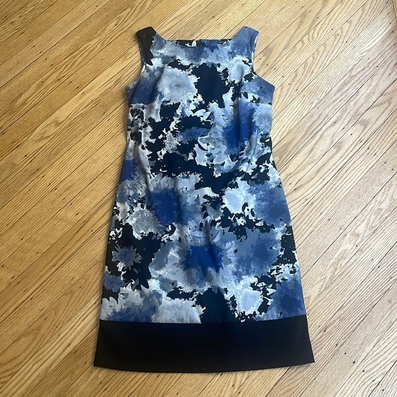 AB Studio Blue Black Floral Sleeveless Sheath Shift Dress Size 2 Work Party - Picture 1 of 6